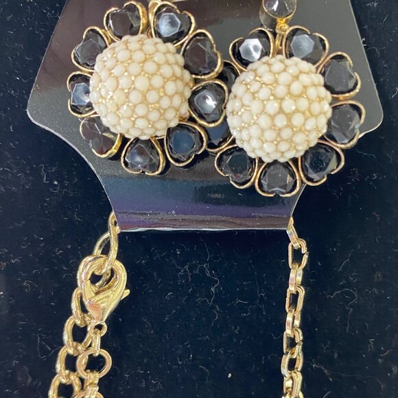 Gold-Tone Floral Statement Necklace With Black & White Beaded Petals W/ earrings - Picture 3 of 5